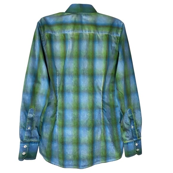 Georg Roth Shirt Mens S Plaid Ombre Flip Cuff Blue Green Button Up 100% Cotton - Picture 5 of 11